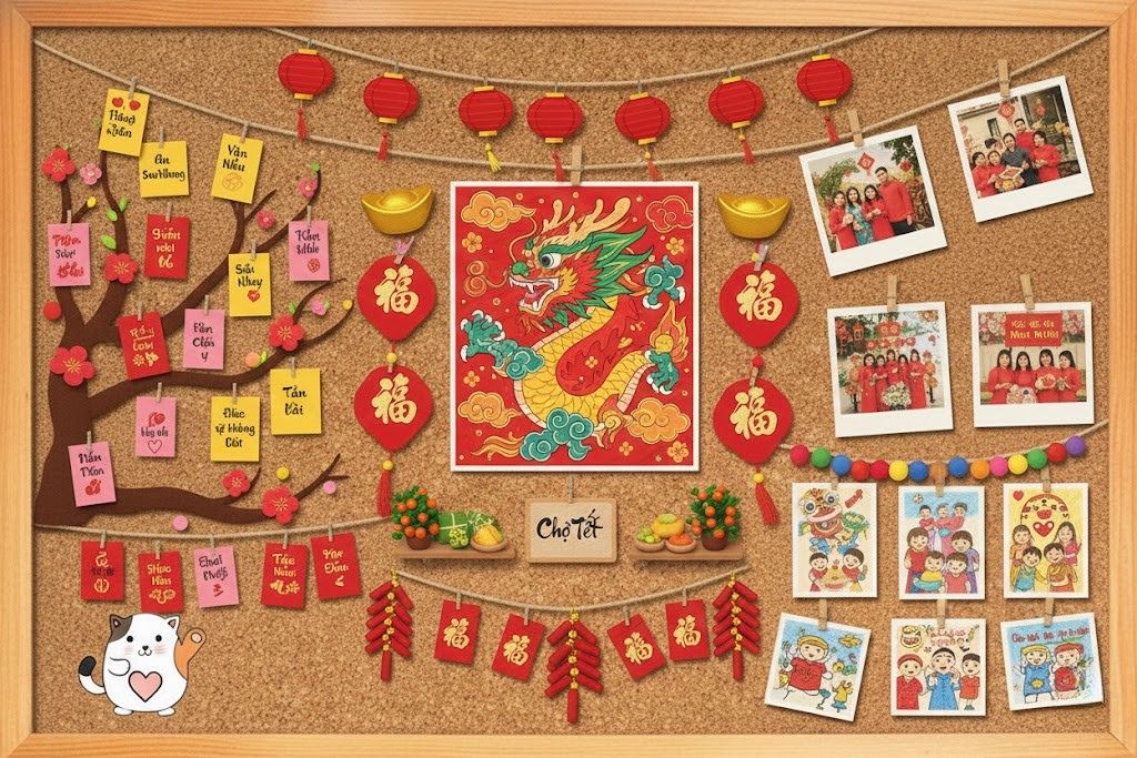 Góc kỷ niệm sum vầy rực rỡ sắc xuân trên nền bảng ghim bần