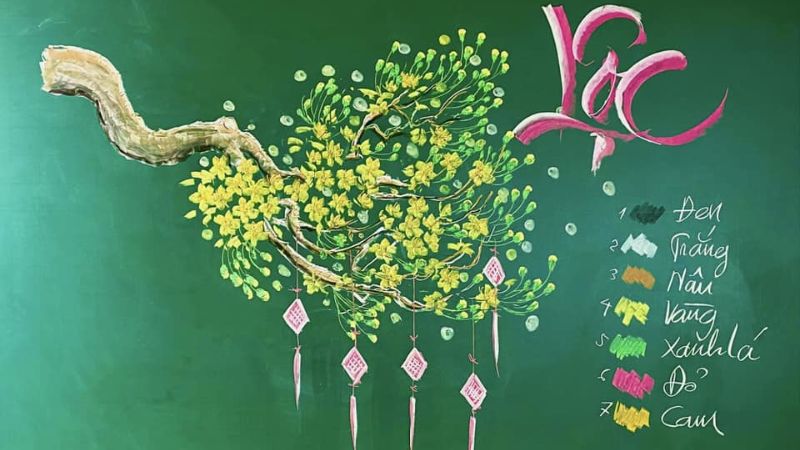 Trang trí bảng tết với hoa mai rực rỡ