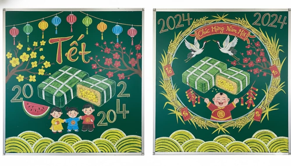 Mẫu trang trí bảng Tết bánh chưng xanh, câu đối đỏ 